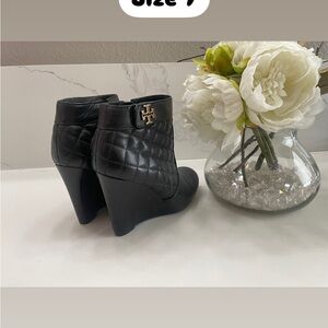 Tory Burch Black Quilted Wedge Boots